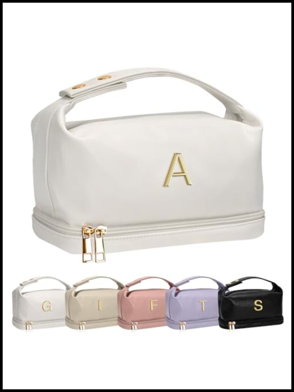 Personalized Makeup Bag with Handle & Brush Organizer, Double-Layer PU Leather